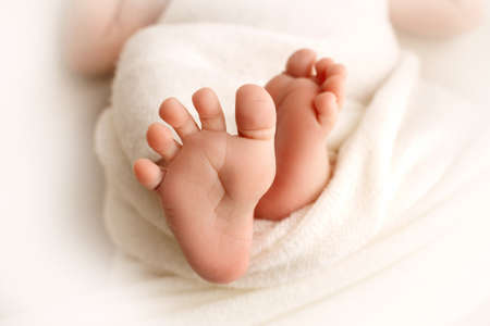 Tiny feet of a newborn on a white background. Protruding fingers. Health care, pediatrics.の写真素材