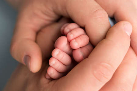 Loving dad hold babys legs. Happy childhood. Parental care. Concept of a happy family.の写真素材