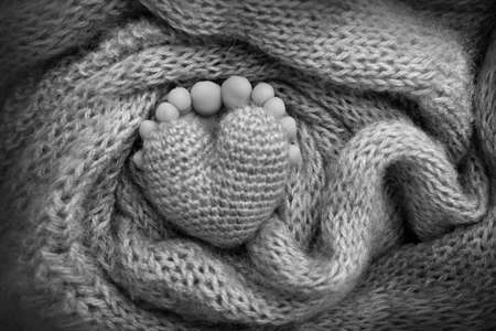 Feet of a newborn with a wooden heart, wrapped in a soft blanket. Black- white.の写真素材