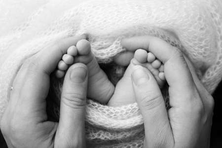Mother is doing massage on her baby foot. Closeup baby feet in mother hands. Prevention of flat feet, development, muscle tone, dysplasia. Family, love, care, health concepts. Black and white macro.の写真素材
