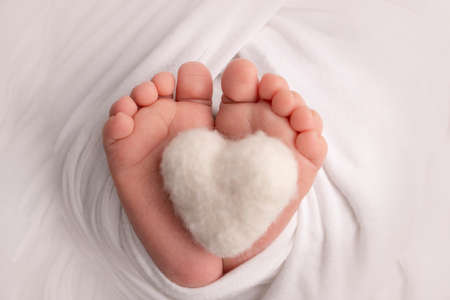 Knitted white heart in the legs of a baby. Soft feet of a new born in a white wool blanket. Close-up of toes, heels and feet of a newborn. Macro photography the tiny foot of a newborn baby.の写真素材