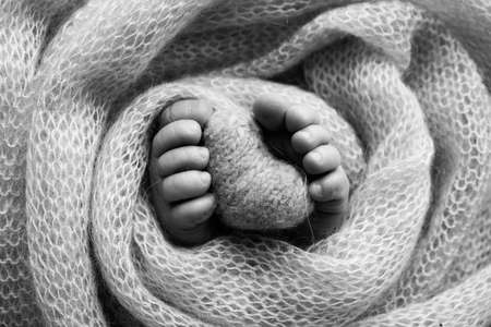 Knitted heart in the legs of a baby. Soft feet of a new born in a wool blanket. Close-up of toes,...