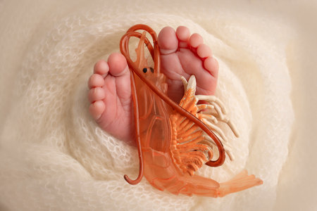 A toy red shrimp in the legs of a baby. Soft feet of a new born in a white wool blanket. Close-up of...