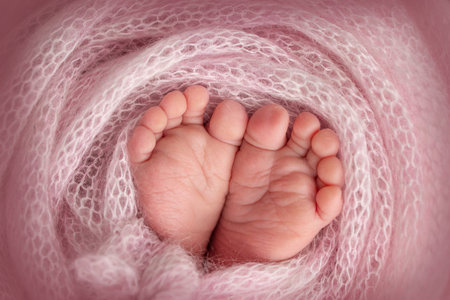 Knitted pink heart in the legs of a baby. Soft feet of a new born in a pink wool blanket. Close-up of toes, heels and feet of a newborn. Macro photography the tiny foot of a newborn baby.の写真素材