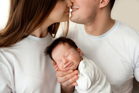 Close up portrait of young parents and newborn baby. Father and mother kiss and hug a beautiful...
