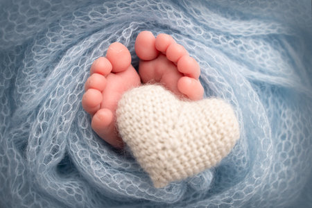 The tiny foot of a newborn baby. Soft feet of a new born in a blue wool blanket. Close up of toes, heels and feet of a newborn. Knitted white heart in the legs of a baby. Macro photography.の写真素材