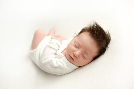 Top view of a newborn baby girl lying in a white bodysuit on a white bed. Beautiful portrait of a little sleeping girl with closed eyes 7 days, one week. Photography in macro studio.の写真素材