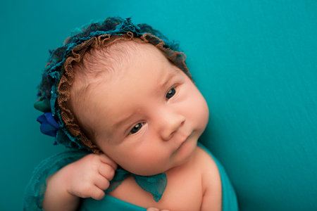 Top view of a newborn baby girl lying with her eyes open in a turquoise wrap with a turquoise headband and a flower on her head on a turquoise background. Portrait of a little girl 7 days, one week.の写真素材