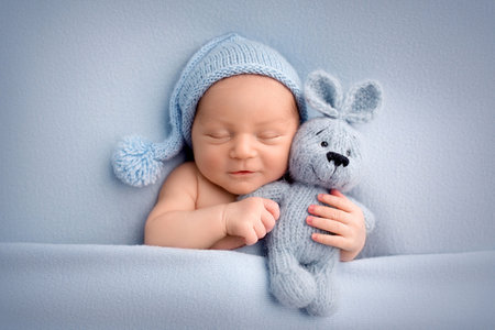 A cute newborn boy in the first days of life sleeps naked on a blue background.の写真素材