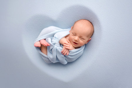 A cute newborn boy in the first days of life sleeps naked on a blue background.の写真素材