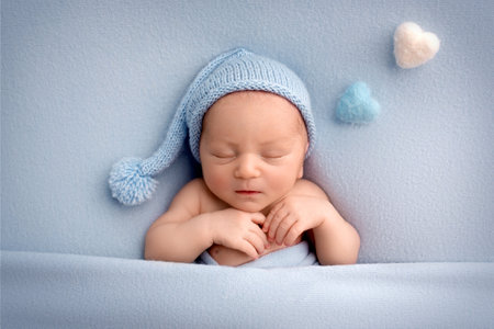 A cute newborn boy in the first days of life sleeps naked on a blue background.の写真素材