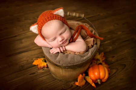 Sleeping newborn baby girl on the background of natural brown wood in a wooden bucket. A newborn baby with a red-brown tiger cub cap on his head. Beautiful portrait of a newborn baby with red pumpkinsの写真素材
