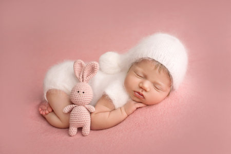 Top view of a newborn baby girl sleeping in a white overalls, with a white cap on her head, on a pink background. With pink toy rabbit. Beautiful portrait of a small newborn baby 7 days, one week old.の写真素材