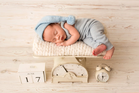 A cute newborn baby boy sleeps in a blue overalls and a blue hat with a pupon in the first days of life. Against a background of light white wood. On the scales for weighing newborns. With alarm clockの写真素材