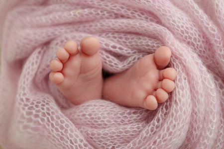Close-up of tiny, cute, bare toes, heels and feet of a newborn girl, boy. Baby foot on pink soft coverlet, blanket. Detail of a newborn baby legs. Macro horizontal professional studio photo.の写真素材