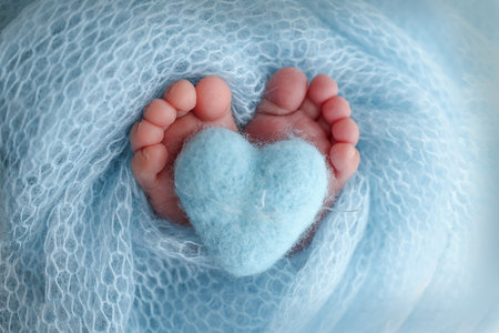 Closeup of toes, heels and feet of a newborn. Knitted blue heart in the legs of baby.The tiny foot of a newborn baby. Soft feet of a new born in a wool blue blanket. Macro studio photography.の写真素材