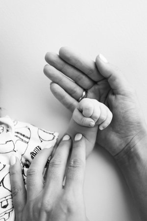 Parents hands hold the fingers of a newborn baby. The hand of a mother and father close-up holds the fist of a newborn baby. Family health and medical care. Tiny fingers in a black and white photo.の写真素材