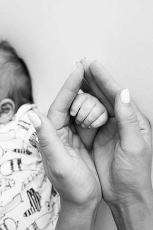 Parents hands hold the fingers of a newborn baby. The hand of a mother and father close-up holds the fist of a newborn baby. Family health and medical care. Tiny fingers in a black and white photo.の写真素材