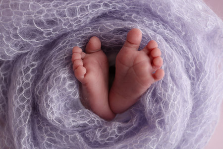 The tiny foot of a newborn baby. Soft feet of a new born in a lilac, purple wool blanket. Close up of toes, heels and feet of a newborn. Macro photography.の写真素材