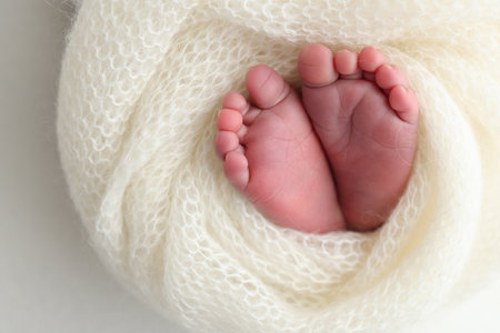 The tiny foot of a newborn baby. Soft feet of a new born in a wool white blanket. Close up of toes, heels and feet of a newborn. Macro photography.の写真素材