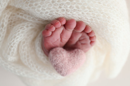 Soft feet of a new born in a white wool blanket. Knitted pink heart in the legs of a baby.の写真素材