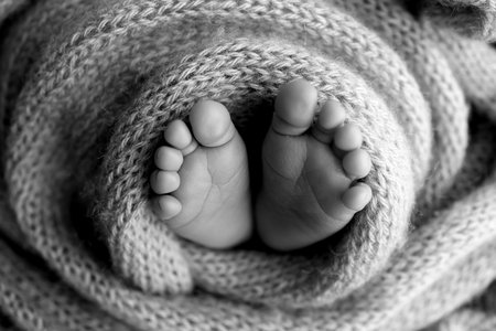 Foot of a newborn. Close up feet, toes, heels, feet of a newborn baby. Studio monochrome, vintage...