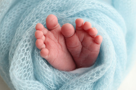 Close-up of tiny, cute, bare toes, heels and feet of a newborn girl, boy. Baby foot on blue soft coverlet, blanket. Detail of a newborn baby legs. Macro horizontal professional studio photo.の写真素材
