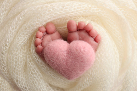 The tiny foot of a newborn baby. Soft feet of a new born in a white wool blanket. Close up of toes, heels and feet of a newborn. Knitted pink heart in the legs of a baby. Studio macro photography.の写真素材