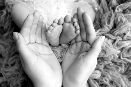 The palms of the parents. A father and mother hold the feet of a newborn child. The feet of a newborn in the hands of parents. Black and white Photo of foot, heels and toesの写真素材