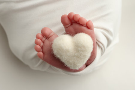 The tiny foot of a newborn baby. Soft feet of a new born in a white blanket. Close up of toes, heels and feet of a newborn. Knitted white heart in the legs of a baby. Macro photography.の写真素材