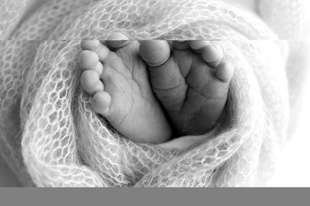 Close up feet, toes, heels, feet of a newborn baby Studio monochrome, vintage style, black and whiteの写真素材