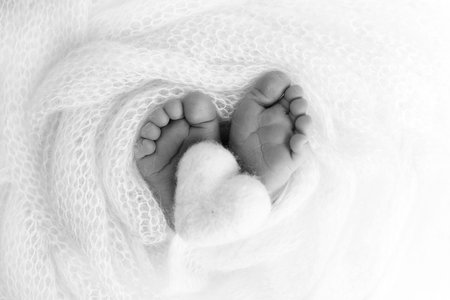 The tiny foot of a newborn baby. Soft feet of a new born. Close up of toes, heels and feetの写真素材