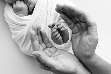 Black and white shade beautiful shape hands mother, hold tiny newborn baby feetの写真素材