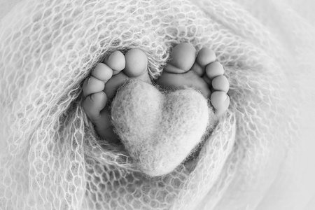The tiny foot of a newborn baby. Soft feet of a new born in a wool blanket.の写真素材