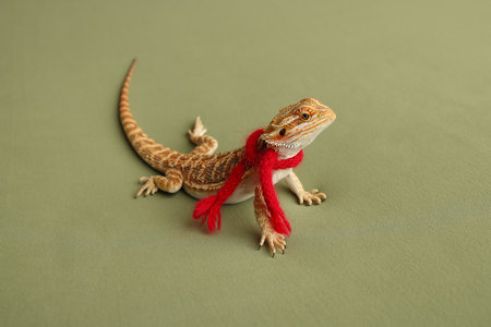 Bearded dragon on isolated green background. Red scarf.の写真素材