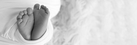 Tiny foot of a newborn. Soft feet of a newborn. Black and white. Banner.の写真素材