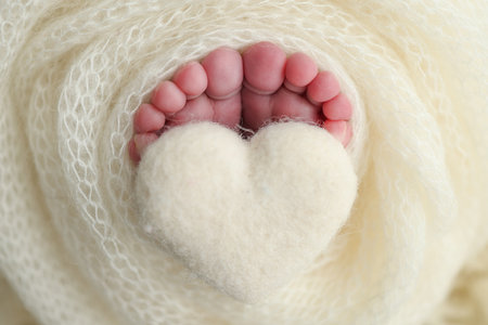 Soft feet of a new born in a white wool blanket. Close up of toes, heels and feet of a newborn. Knitted white heart in the legs of a baby. Macro photography.The tiny foot of a newborn babyの写真素材