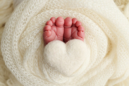 Soft feet of a new born in a white wool blanket. Close up of toes, heels and feet of a newborn. Knitted white heart in the legs of a baby. Macro photography.The tiny foot of a newborn babyの写真素材
