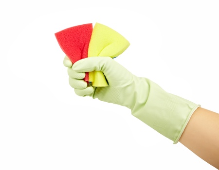 Hand in rubber glove with sponge isolated on white backgroundの写真素材