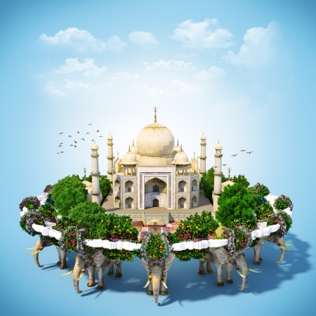 Taj Mahal surrounded by flowers and trees  travelingの写真素材