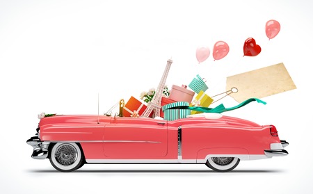 Retro car with Purchases and fashion boxes  Shopping Carの写真素材