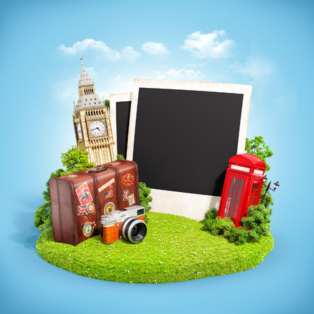 Empty photos with London famous monuments on grass field. Unusual illustrationの写真素材