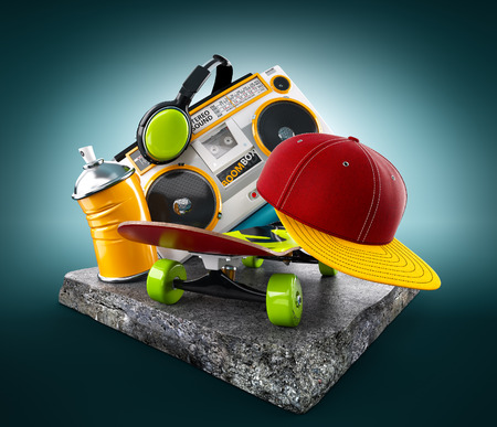 Boombox, skate, cap and paint on a concrete block. Unusual modern life illustration.の写真素材