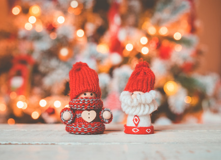 Little cute gnomes at christmas tree backgroundの写真素材