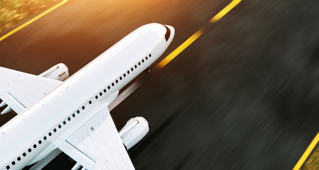 White commercial airplane standing on the airport runway at sunset. Passenger airplane is taking off. Airplane concept 3D illustration.