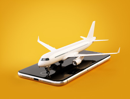 Smartphone application for online searching, buying and booking flights on the internet. Unusual 3D illustration of commercial airplane on smartphoneの写真素材