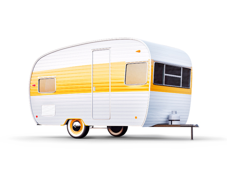 Retro car with white trailer. Unusual 3d illustration of a caravan. Camping and traveling concept
