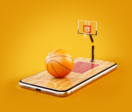 Unusual 3d illustration of a basketball ball on court on a smartphone screen. Watching basketball and betting online conceptの写真素材