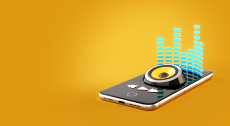 Smartphone application for online buying, downloading and listening to music. Unusual 3D illustration of music player app on a smartphone screenの写真素材