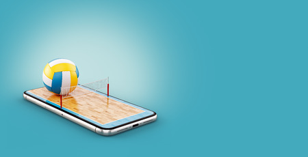Unusual 3d illustration of a volleyball ball and on court on a smartphone screen. Watching volleyball and betting online conceptの写真素材